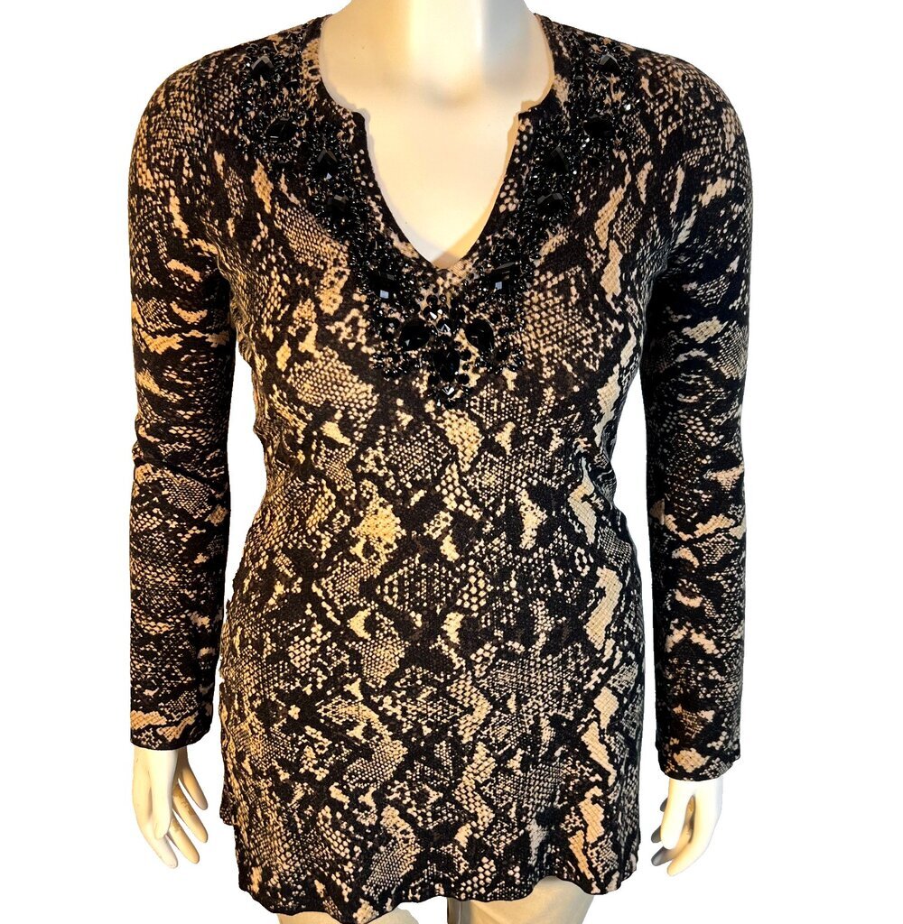 INC Sweater Tunic Womens M Black Tan Snake Python Print Beaded V-Neck Long Sleev